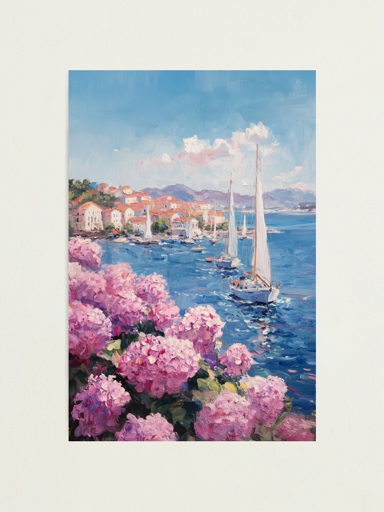Thumbnail 1 of 3, Photographic Print, Coastal Pink and Blue Hydrangea Flower Ocean Italian Beach with Sailboats designed and sold by Anova-Prints.