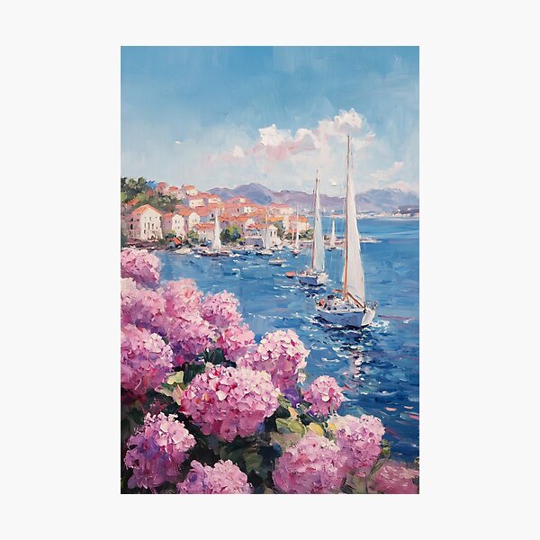 Item preview, Coastal Pink and Blue Hydrangea Flower Ocean Italian Beach with Sailboats designed and sold by Nova~Prints.