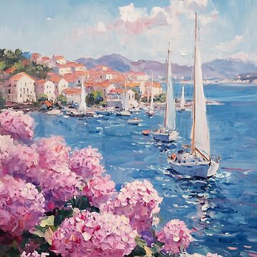 Artwork thumbnail, Coastal Pink and Blue Hydrangea Flower Ocean Italian Beach with Sailboats by Nova~Prints