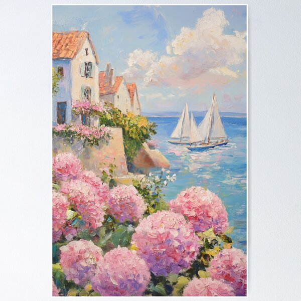 Item preview, Flores de hortensia azul y rosa en una playa italiana con veleros designed and sold by Nova~Prints.