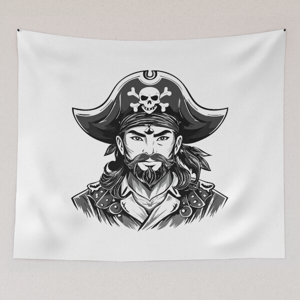 Item preview, Pirate head with hat sailor and Eye Patch and Beard, Bearded pirate captain with captain's hat and skull illustration, black and white designed and sold by Danler.