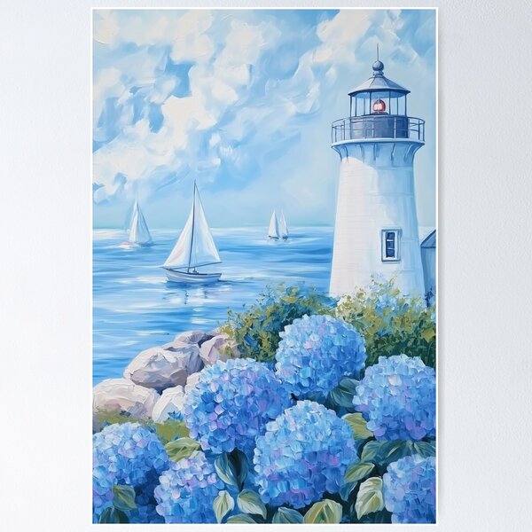 Artikel-Vorschau von Küstenblaue und weiße Hortensienblüten am Ocean Beach mit Segelbooten und Leuchtturm, designt und verkauft von Nova~Prints.