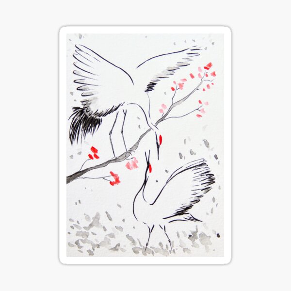 Item preview, Pair of Red-Crowned Cranes | Minimalist Japanese Drawing | Zen Art designed and sold by AngelaMarieArt.