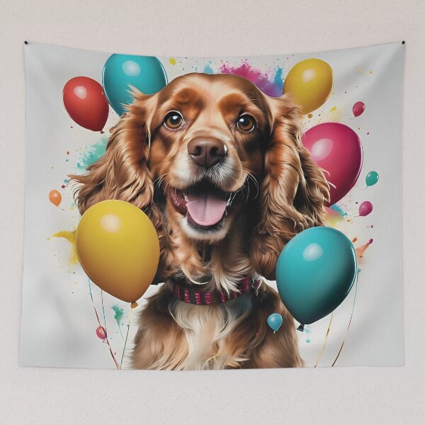 Aperçu de l'œuvre Cocker Spaniel heureux avec des ballons : une célébration joyeuse créée et vendue par QuickPick Store.