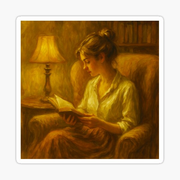 Item preview, Cozy Reading Woman Oil Painting – Warm Literary Wall Art Print designed and sold by BeaconMarketing.