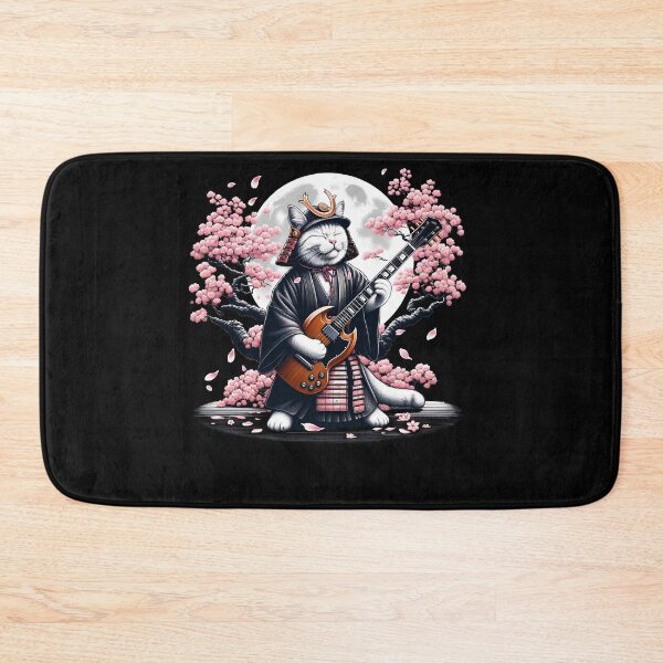 Item preview, Japanese Samurai Cat Playing Electric Guitar Cherry Blossom Guitarist designed and sold by Kimberley King Art  King Art.