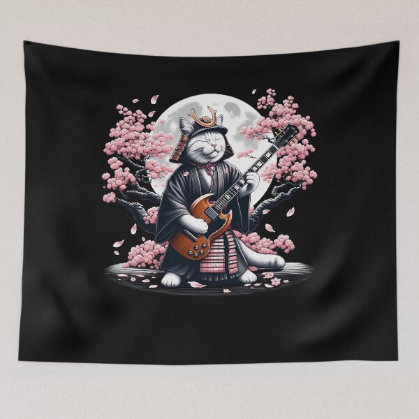 Item preview, Japanese Samurai Cat Playing Electric Guitar Cherry Blossom Guitarist designed and sold by Kimberley King Art  King Art.