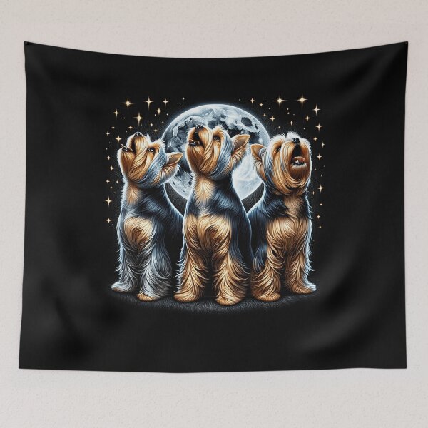 Item preview, Three Yorkshire Terriers Howling at Moon Like Three Wolves Funny designed and sold by Kimberley King Art  King Art.