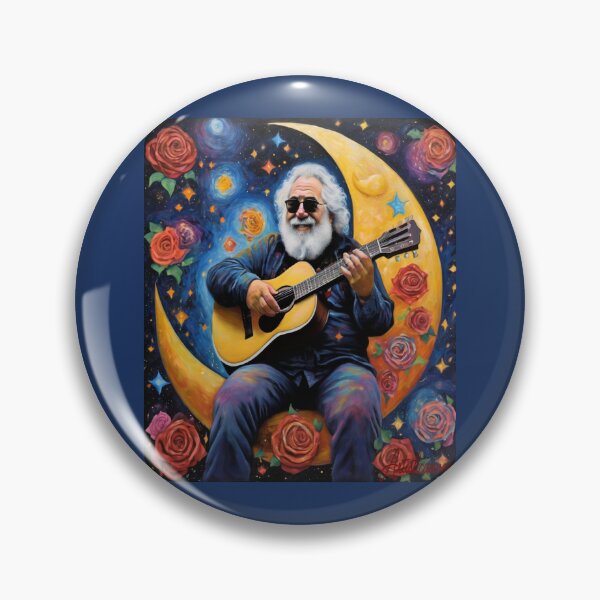 Artikelvorschau, „Kosmische Serenade: Jerry Garcia auf einer Mondsichel“ entworfen und verkauft von Artisticanvas.