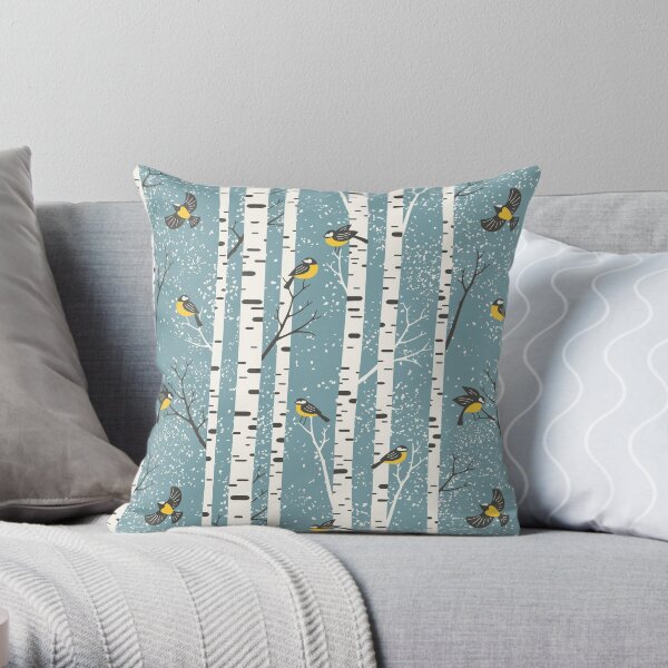 Snowy birch trees and birds on light teal background Throw Pillow