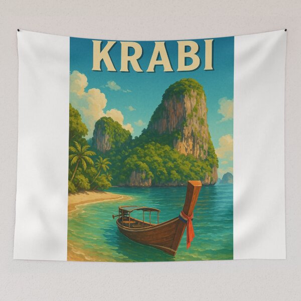 Item preview, Krabi Thailand Tropical Cliffs with Longtail Boat designed and sold by Places On Earth.