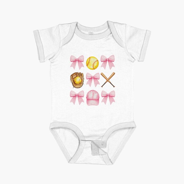 Vista previa del artículo con la obra «Patrón de mamá coqueta con lazos rosas de béisbol y sóftbol», diseñado y vendido por Shosohey.