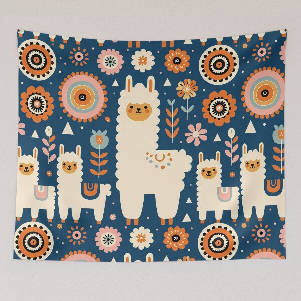 Item preview, Scandinavian Folk Art Cute Llama Family and Flowers by heidiannemorris © designed and sold by FOLK ART FUSION by heidiannemorris.