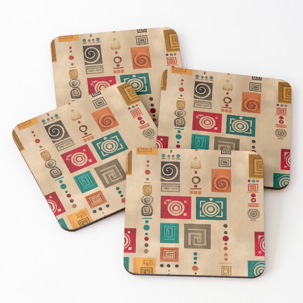 Item preview, Ancient Spiral & Glyph Pattern in Ochre and Teal designed and sold by Moisky Patterns.