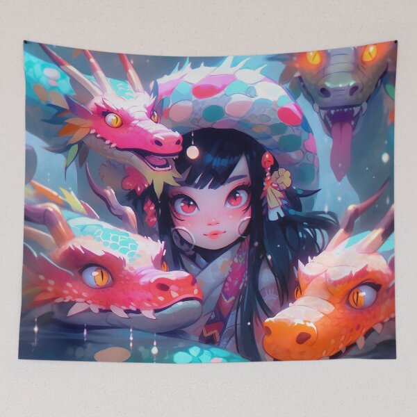 Item preview, Whimsical Anime Girl with Playful Dragons designed and sold by bubblegoth.