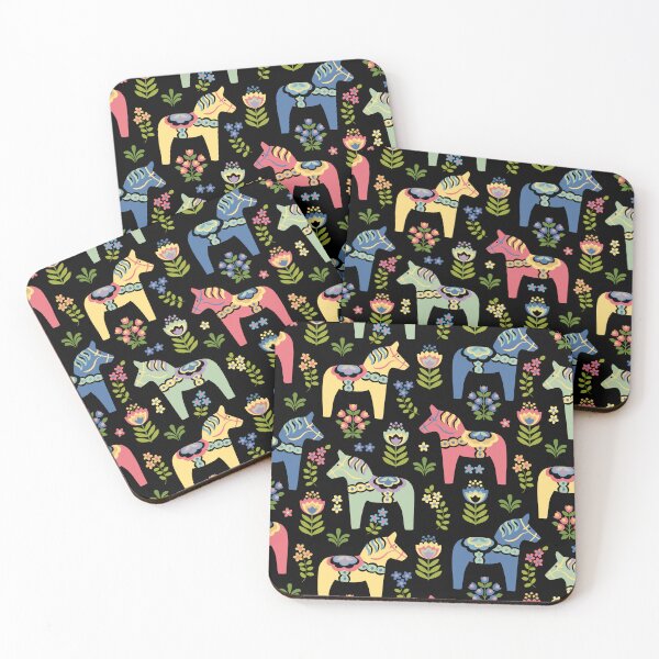 Item preview, Colorful Swedish Dala Horses on Black designed and sold by Barbara Pixton.