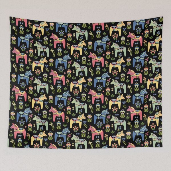 Item preview, Colorful Swedish Dala Horses on Black designed and sold by Barbara Pixton.