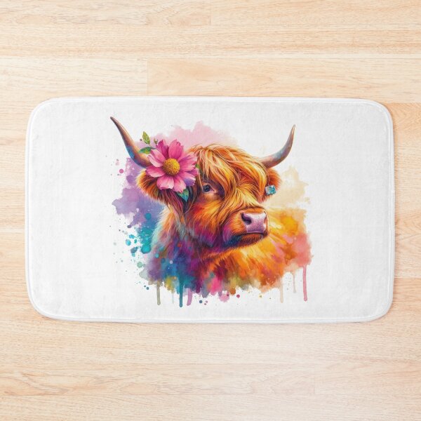 Item preview, Pretty Scottish Highland Cow with Flower Colorful Watercolor designed and sold by MaedK.