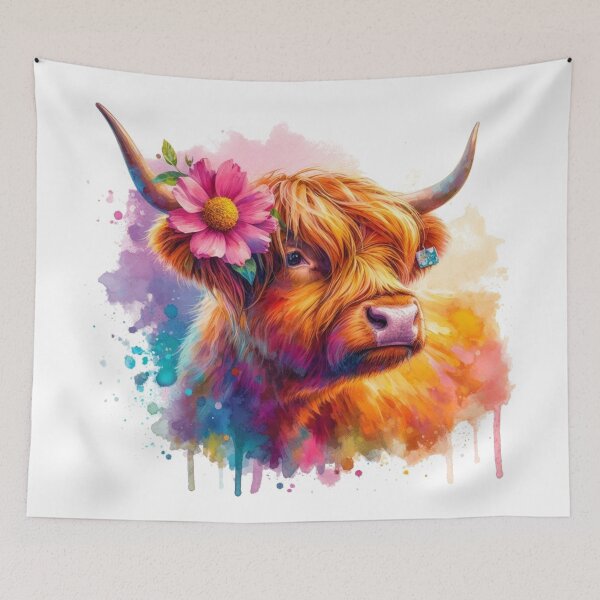 Item preview, Pretty Scottish Highland Cow with Flower Colorful Watercolor designed and sold by MaedK.