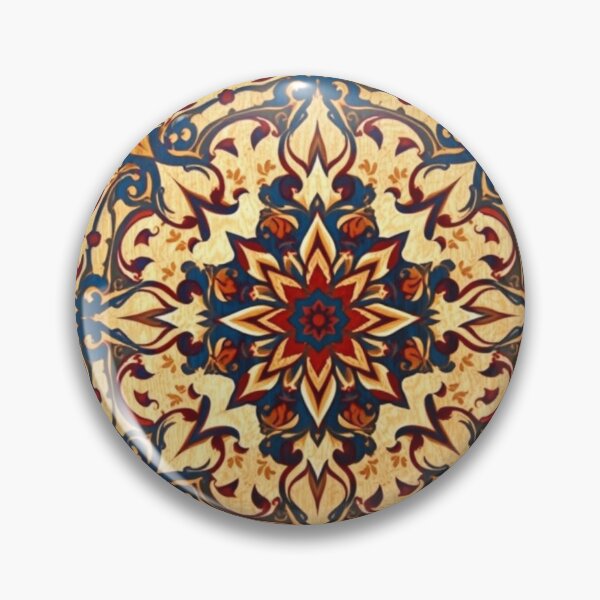Artikelvorschau, Filigranes ornamentales Medaillon-Muster, blau, rot, goldfarben, Holz-Inlay-Stil entworfen und verkauft von UnboxedZone.