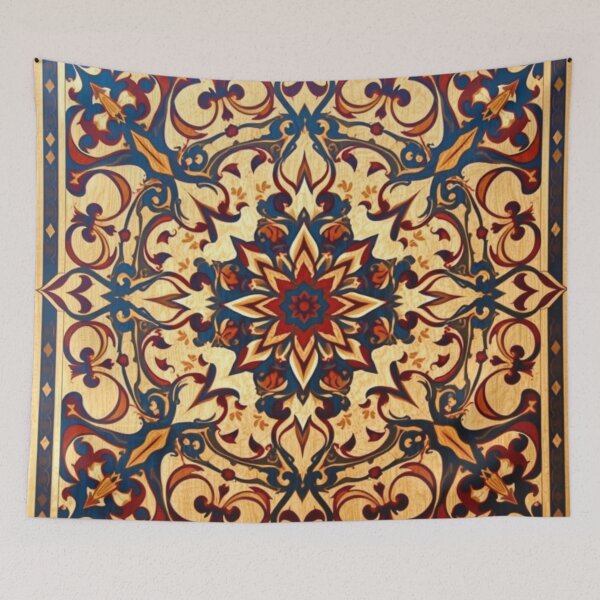 Item preview, Intricate Ornamental Medallion Pattern Blue Red Gold Wood Inlay Style designed and sold by UnboxedZone.