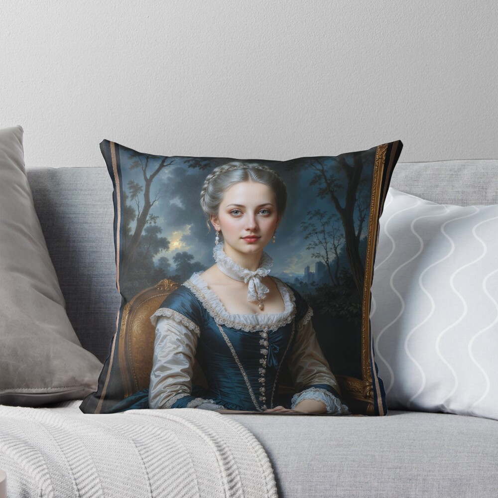 Elegant 18th Century Portrait Of Liliane Viviane In Graceful Rococo Aesthetic Setting Enchanting AI Concept Art by Xzendor7 Decorative Art Print Throw Pillow
