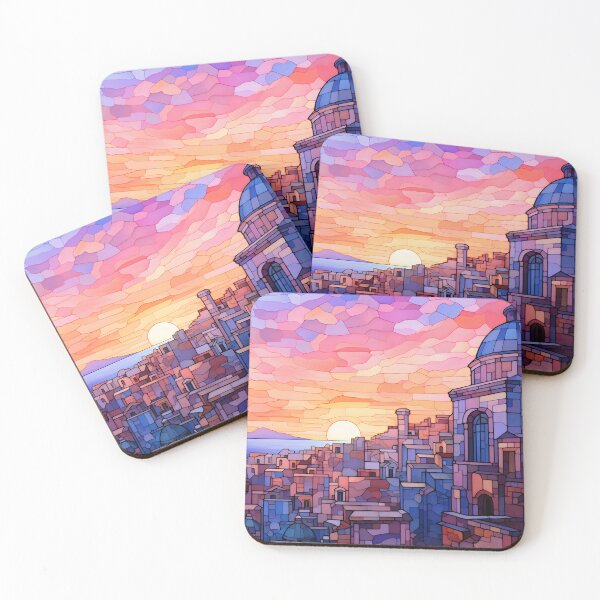 Item preview, Traffic Grabbing Title	High-Volume SEO Tags	Keyword-Rich Description Stained Glass Cityscape at Sunset – Vibrant Mosaic Art designed and sold by UmutK.
