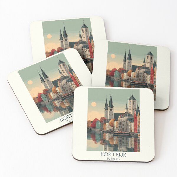 Item preview, Kortrijk Poster – Fairytale Riverfront with Twin Towers & Autumn Glow designed and sold by TuncGK.