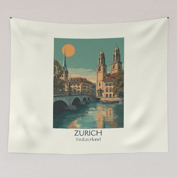 Item preview, Zurich Poster – Moonlit Riverfront & Cathedral Silhouettes designed and sold by TuncGK.