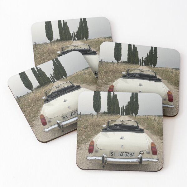 Item preview, MG MGB ina a field in Tuscany, surrounded by cypress, italian style travel car designed and sold by SpaceCars.