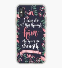 Pink Floral Flower Print Framed Background Philippians 4:13 Bible Verse iPhone Case