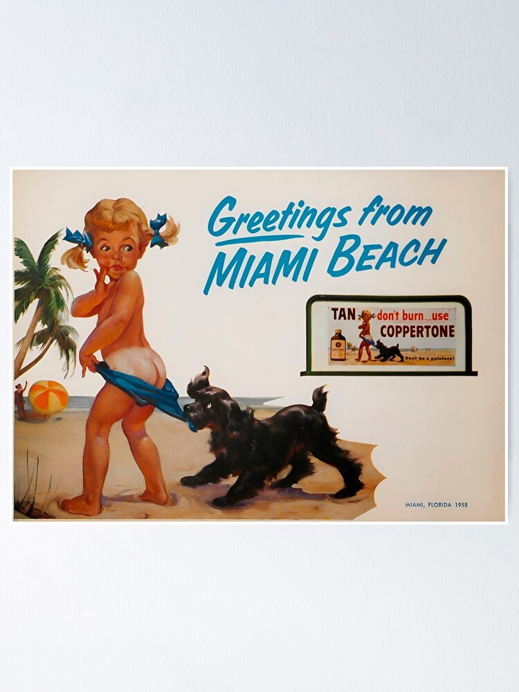 Thumbnail 1 of 3, Poster, Retro Beach Girl with Dog – 1950s Summer Beach Vibes designed and sold by blackink-design.