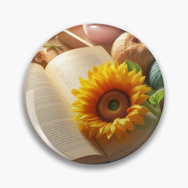 Item preview, Sunflower sitting on book surrounded by wool yarn designed and sold by Anastaciaknits.