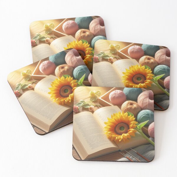Item preview, Sunflower sitting on book surrounded by wool yarn designed and sold by Anastaciaknits.