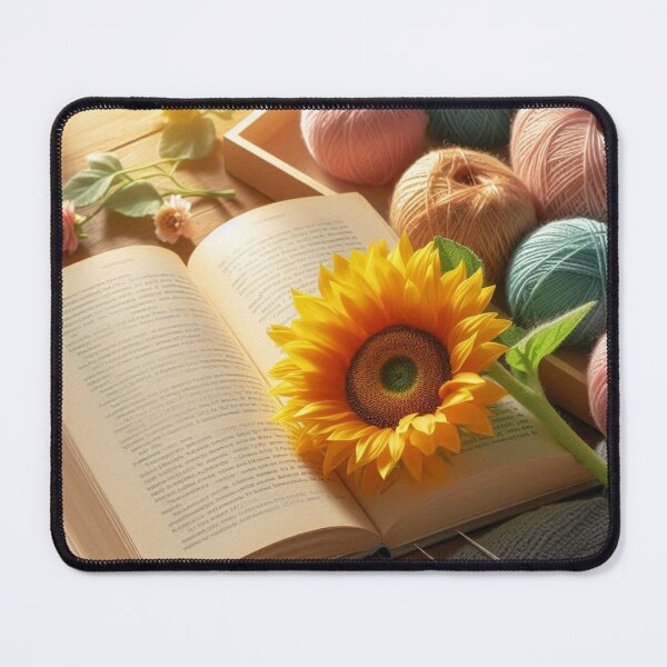 Item preview, Sunflower sitting on book surrounded by wool yarn designed and sold by Anastaciaknits.
