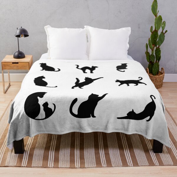 Item preview, A black and white digital silhouette collage of nine cats in various playful and relaxed poses, including sitting, standing, stretching, and interacting. designed and sold by Arte Zen.