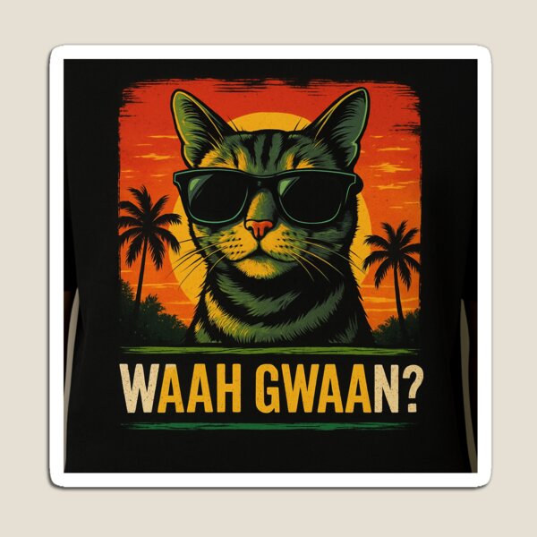 Aperçu de l'œuvre Chat jamaïcain cool – « Waah Gwaan ? » Ambiance caribéenne amusante, design par pixhub créée et vendue par PixHub .