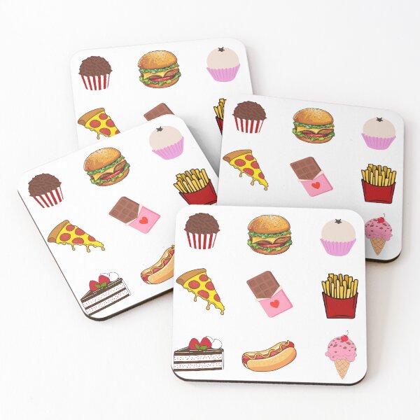 Item preview, A colorful, cartoon-style illustration featuring nine different food items: cupcake, hamburger, pizza slice, chocolate bar, bag of fries, ice cream cone, strawberry shortcake, hot dog, and sundae. designed and sold by Arte Zen.