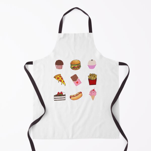 Item preview, A colorful, cartoon-style illustration featuring nine different food items: cupcake, hamburger, pizza slice, chocolate bar, bag of fries, ice cream cone, strawberry shortcake, hot dog, and sundae. designed and sold by Arte Zen.