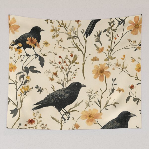 Aperçu de l'œuvre Motif de corbeau, organe floral, feuilles vertes, arbre créée et vendue par Art-Crafter.