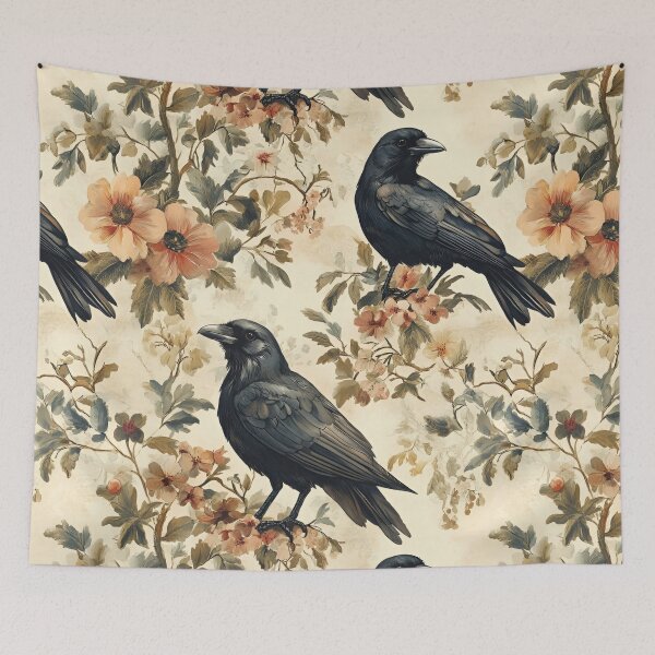 Aperçu de l'œuvre Motif de corbeau, organe floral, feuilles vertes, arbre créée et vendue par Art-Crafter.