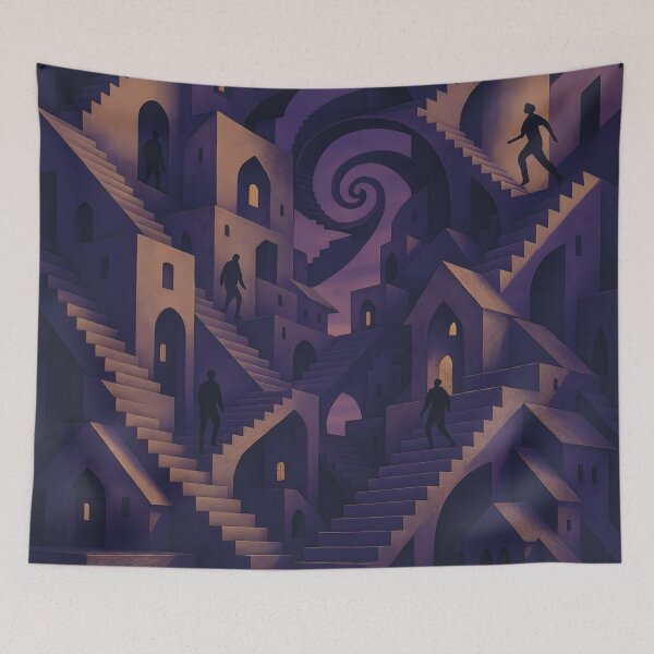 Item preview, MC Escher-Inspired Surreal Cityscape Art Print: Floating Staircase City in Eternal Twilight designed and sold by WAUZ.