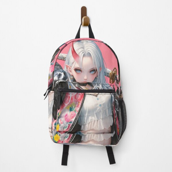 Item preview, Sexy Anime Samurai White Haired Oni Girl Holding Katana in Floral Jacket and Pink Background designed and sold by juniorcastros.
