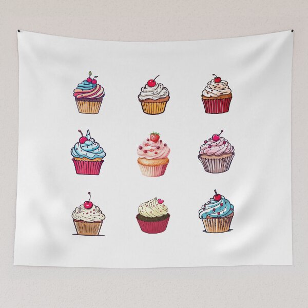 Item preview, A colorful digital illustration of nine cupcakes with various toppings and decorations, including cherries, strawberries, and swirls of icing, arranged in a 3x3 grid against a white background. designed and sold by Arte Zen.