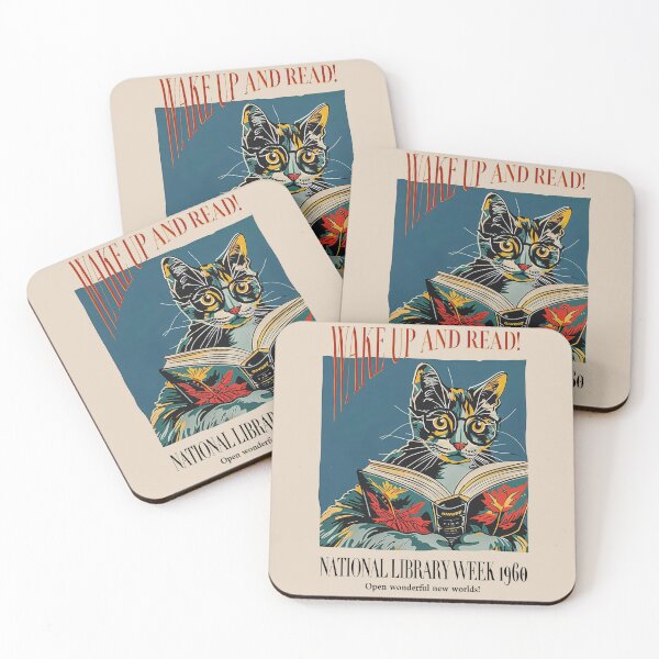 Item preview, Cat and Book Poster - Wake Up and Read Inspiring Wall Decor - 1960 National Library Week Wall Art - Poster or Canvas Print designed and sold by YubitaLeLe.
