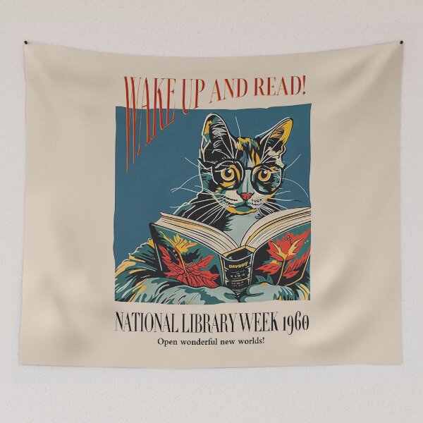 Item preview, Cat and Book Poster - Wake Up and Read Inspiring Wall Decor - 1960 National Library Week Wall Art - Poster or Canvas Print designed and sold by YubitaLeLe.