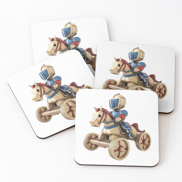 Item preview,  wooden toy knight on horseback, with blue and red armor, helmet, and visor. Wooden wheels of the cart designed and sold by wonderisland.