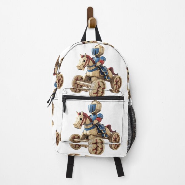 Item preview, wooden toy knight on horseback, with blue and red armor, helmet, and visor. Wooden wheels of the cart designed and sold by wonderisland.