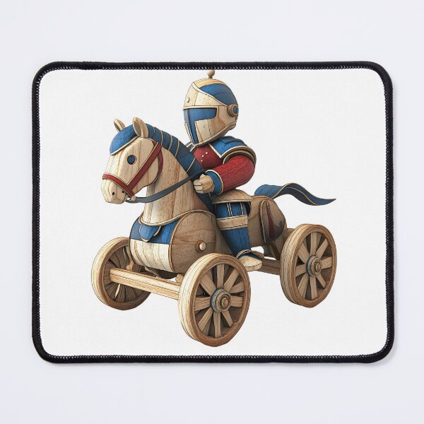 Item preview, wooden toy knight on horseback, with blue and red armor, helmet, and visor designed and sold by wonderisland.