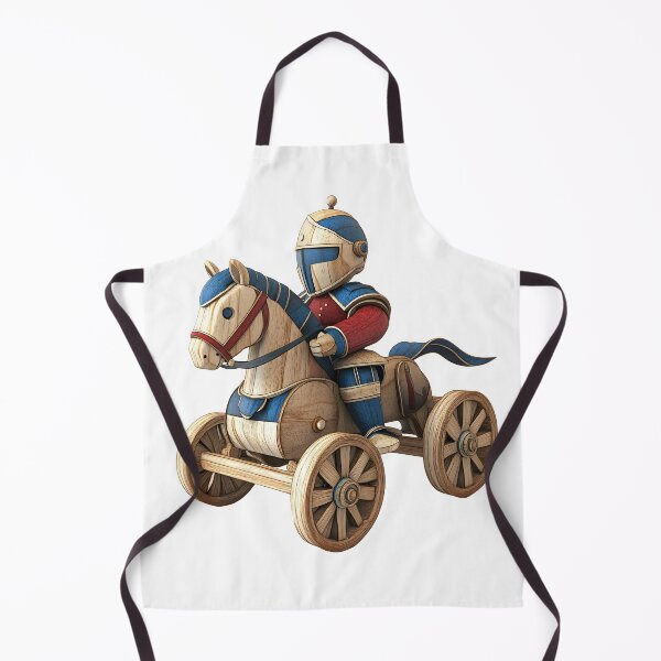 Item preview, wooden toy knight on horseback, with blue and red armor, helmet, and visor designed and sold by wonderisland.